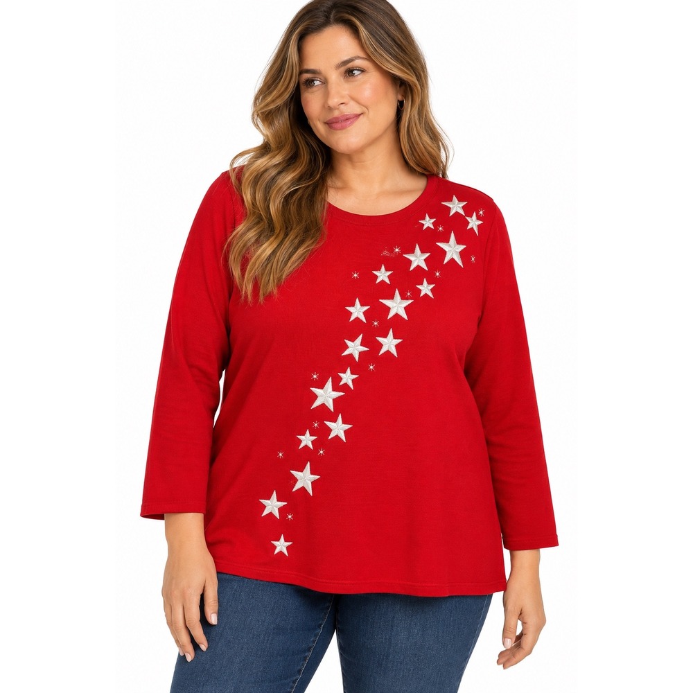 Bob Mackie Wearable Art Red Star Embroidered Sweater Women 1X NWT Long Sleeve